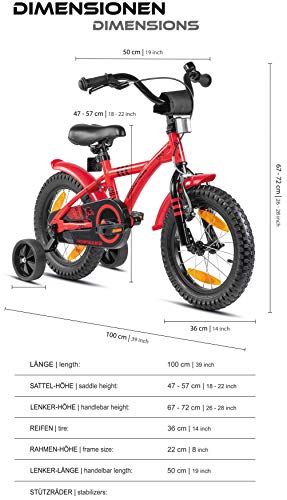 Prometheus Bicicleta para niños de 3 a 5 años | Bicicleta Infantil 4 años para niñas 14 Pulgadas con ruedines en Rojo y Negro