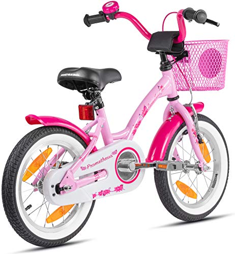 Prometheus Bicicleta para niños de 3 a 5 años | Bicicleta Infantil 4 años para niñas 14 Pulgadas con ruedines en Rosa y Blanco