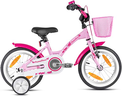 Prometheus Bicicleta para niños de 3 a 5 años | Bicicleta Infantil 4 años para niñas 14 Pulgadas con ruedines en Rosa y Blanco