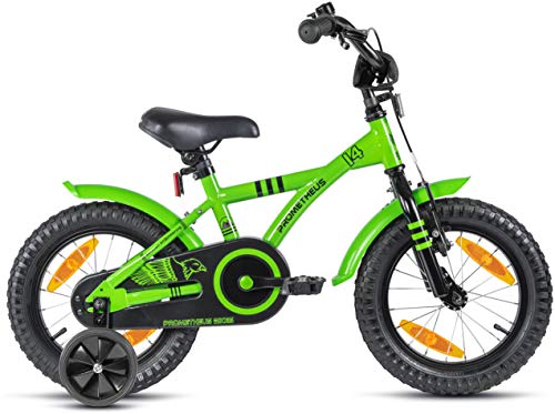 Prometheus Bicicleta para niños de 3 a 5 años | Bicicleta Infantil 4 años para niñas 14 Pulgadas con ruedines en Verde y Negro