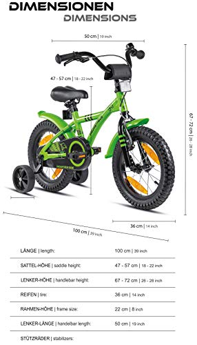 Prometheus Bicicleta para niños de 3 a 5 años | Bicicleta Infantil 4 años para niñas 14 Pulgadas con ruedines en Verde y Negro