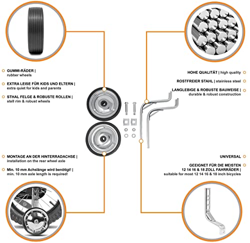 Prometheus Ruedines universales para Bicicleta Infantil de 12 a 18 Pulgadas | sólo adecuados para Montaje en la Rueda Trasera – Estructura Resistente de Acero con Ruedas de Goma | Edición 2019