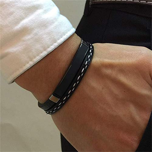 Pulsera hombre Legado, en cuero pu y acero inoxidable, brazalete vikingo chico negra combinable con anillo pendiente collar colgante o tobillera muñequera personalizable (BLACK 21,5)