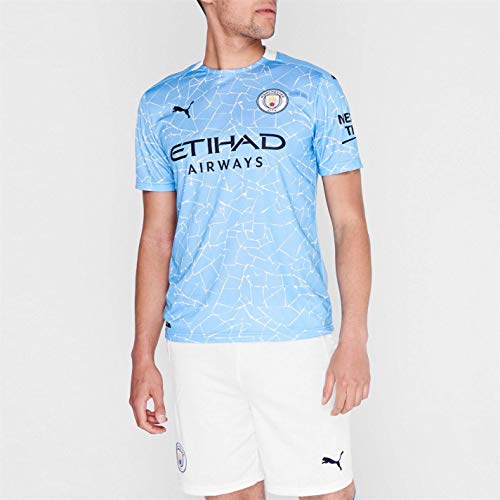 PUMA Manchester City Temporada 2020/21-HOME Shirt Replica SS with Sponsor Camiseta Primera Equipación, Unisex Adulto, Team Light Blue-Peacoat, L