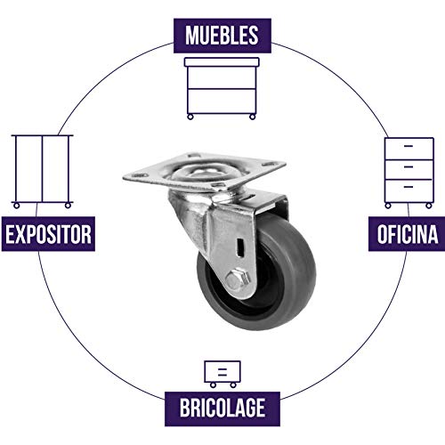 QC-EMILY50G22P 4 Ruedas para muebles 2 con freno y 2 sin freno. Placa de montaje y tornillos incluidos. No marca el suelo. Silenciosa. Cojinete Liso. (50, GRIS)