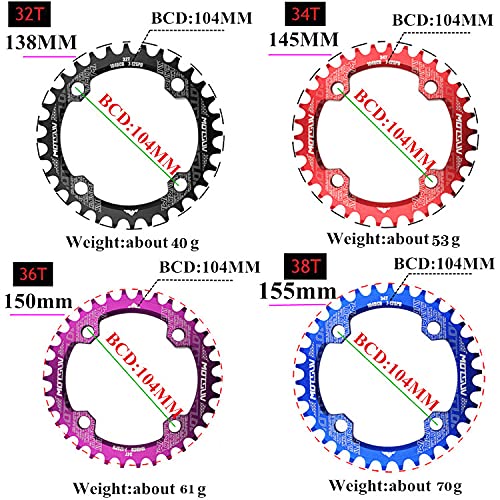 QIAMNI 104 BCD 32T 34T 36T 38T Anillo de cadena único ancho estrecho con 4 piezas de pernos de piñón para bicicletas de carretera, bicicletas de montaña, bicicleta BMX MTB (dorado, 32T)