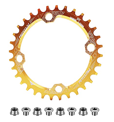 QIAMNI 104 BCD 32T 34T 36T 38T Anillo de cadena único ancho estrecho con 4 piezas de pernos de piñón para bicicletas de carretera, bicicletas de montaña, bicicleta BMX MTB (dorado, 32T)