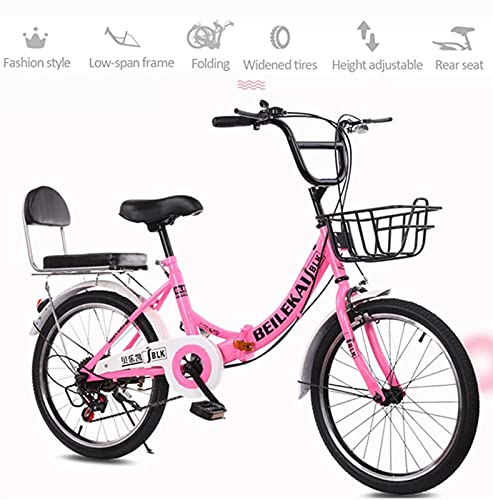 Qianglin Bicicleta Plegable para niños de 20-24 Pulgadas, 7 velocidades, Bicicleta de Carretera portátil para Exteriores para niños y niñas, Adolescentes, con Asiento Trasero y Canasta