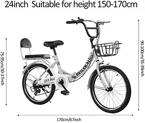 Qianglin Bicicleta Plegable para niños de 20-24 Pulgadas, 7 velocidades, Bicicleta de Carretera portátil para Exteriores para niños y niñas, Adolescentes, con Asiento Trasero y Canasta