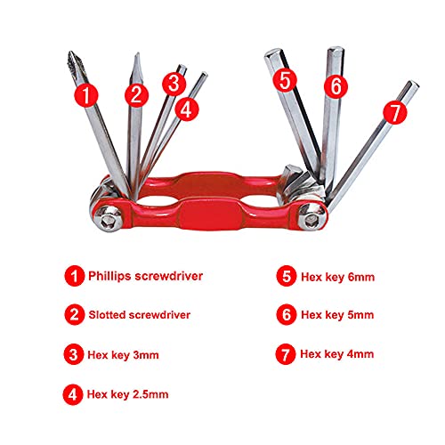 QitinDasen 7 en 1 Multifunción Bicicleta Herramienta, Kit Multiherramienta Bicicleta, Portátil Compacta Bicicleta Reparación Herramienta et Mantenimiento Herramienta (Rojo)
