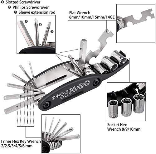 QKURT Conjunto de Kit de reparación mecánico de Bicicletas(Palanca de neumático de Bicicleta, Llaves Allen, Kit de Llave Inglesa multifunción 16 en 1) Herramienta de reparación de Bicicletas