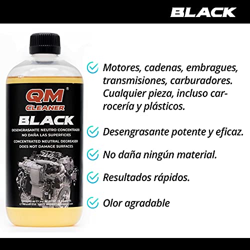 QM Cleaner Black | Desengrasante concentrado no acido - Motores, cadenas, transmisiones, embragues - Puede diluirse hasta un 25% - Apto para limpieza por ultrasonidos - 750 ml