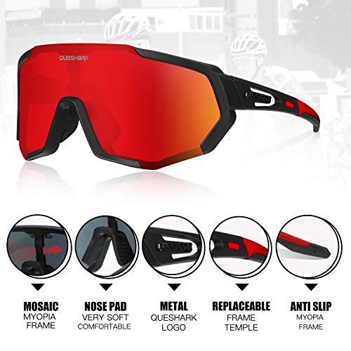 Queshark Gafas Ciclismo CE Certification 1 Polarizadas 4 HD Lentes Intercambiables UV 400 Gafas,Corriendo,Moto MTB Bicicleta Montaña,Camping y Actividades al Aire Libre para Hombres y Mujeres TR-90