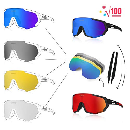 Queshark Gafas Ciclismo CE Certification 1 Polarizadas 4 HD Lentes Intercambiables UV 400 Gafas,Corriendo,Moto MTB Bicicleta Montaña,Camping y Actividades al Aire Libre para Hombres y Mujeres TR-90