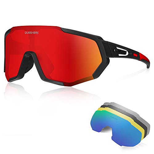 Queshark Gafas Ciclismo CE Certification 1 Polarizadas 4 HD Lentes Intercambiables UV 400 Gafas,Corriendo,Moto MTB Bicicleta Montaña,Camping y Actividades al Aire Libre para Hombres y Mujeres TR-90