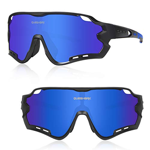 Queshark Gafas de Ciclismo para Hombre Mujer Bicicleta de Carretera 1 Lente Polarizada 3 HD UV400 Lente 10 Colores (Azul Negro)