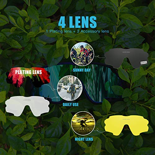 Queshark Gafas de Ciclismo para Hombre Mujer Bicicleta de Carretera 1 Lente Polarizada 3 HD UV400 Lente 10 Colores (Azul Negro)