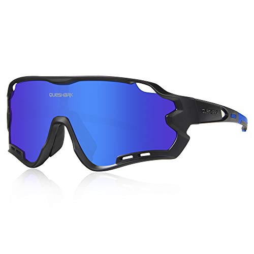 Queshark Gafas de Ciclismo para Hombre Mujer Bicicleta de Carretera 1 Lente Polarizada 3 HD UV400 Lente 10 Colores (Azul Negro)