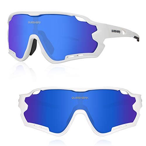 Queshark Gafas de Ciclismo para Hombre Mujer Bicicleta de Carretera 1 Lente Polarizada 3 HD UV400 Lente 10 Colores (Blanco)