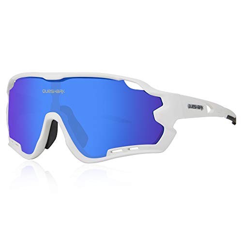 Queshark Gafas de Ciclismo para Hombre Mujer Bicicleta de Carretera 1 Lente Polarizada 3 HD UV400 Lente 10 Colores (Blanco)