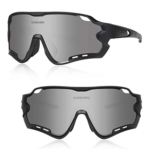 Queshark Gafas de Ciclismo para Hombre Mujer Bicicleta de Carretera 1 Lente Polarizada 3 HD UV400 Lente 10 Colores (Negro)