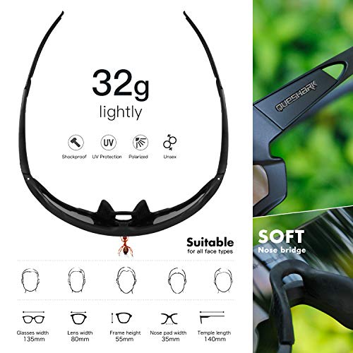 Queshark Gafas de Ciclismo para Hombre Mujer Bicicleta de Carretera 1 Lente Polarizada 3 HD UV400 Lente 10 Colores (Negro)