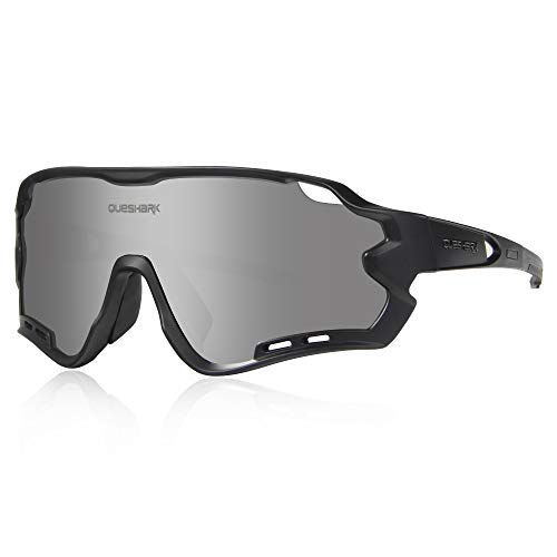 Queshark Gafas de Ciclismo para Hombre Mujer Bicicleta de Carretera 1 Lente Polarizada 3 HD UV400 Lente 10 Colores (Negro)