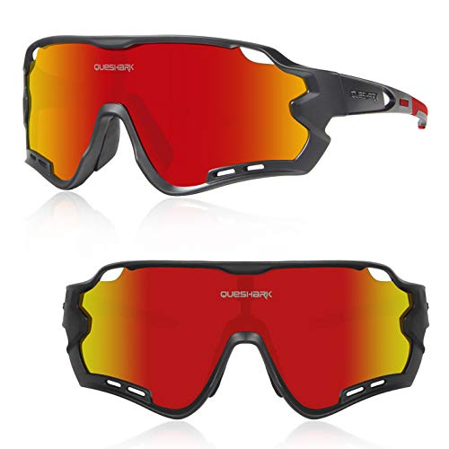 Queshark Gafas de Ciclismo para Hombre Mujer Bicicleta de Carretera 1 Lente Polarizada 3 HD UV400 Lente 10 Colores (Negro Rojo)