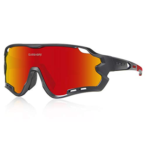 Queshark Gafas de Ciclismo para Hombre Mujer Bicicleta de Carretera 1 Lente Polarizada 3 HD UV400 Lente 10 Colores (Negro Rojo)