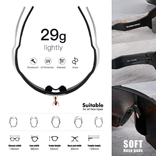 Queshark Gafas de Ciclismo para Hombre Mujer Bicicleta de Carretera 1 Lente Polarizada 3 HD UV400 Lente