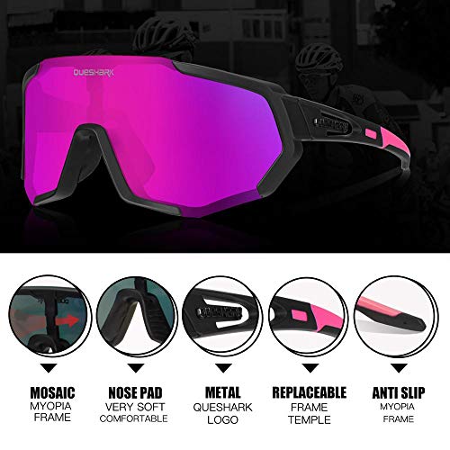 Queshark Gafas de Ciclismo Polarizadas Gafas de Sol Deportivas con Montura TR90 Gafas de Bicicleta para Hombres Mujeres con 3 Lentes Intercambiables Anti-UV400