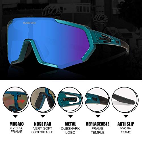 Queshark Gafas de Ciclismo Polarizadas Gafas de Sol Deportivas con Montura TR90 Gafas de Bicicleta para Hombres Mujeres con 3 Lentes Intercambiables Anti-UV400