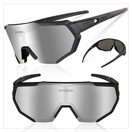 Queshark Gafas De Sol Polarizadas para Ciclismo con 3 Lentes Intercambiables, Protección UVA & UVB, Bicicleta de Carretera MTB Gafas de Ciclismo,Certificación CE