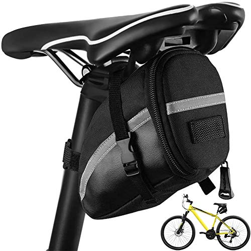 QWEPU Bolsa de Sillín, Bolsa para sillín de Bicicleta, Bicicleta Bolsa de Sillín Portátil Bicicleta Paquete de Cuña para Bicicletas, Elementos Reflectantes para Bicicletas de montaña, Color Negro