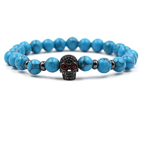 QYAQ Pulsera De Piedra para Mujer,7 Chakra Natural Azul Turquesa Piedra Pulsera De Cuentas Elástico Negro Calavera Brazalete Moda Boho Yoga Dama Joyería Regalo para Novia Mamá