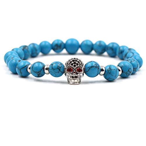 QYAQ Pulsera De Piedra para Mujer,7 Chakra Natural Azul Turquesa Piedra Pulsera De Cuentas Elástico Plata Calavera Brazalete Moda Boho Yoga Dama Joyería Regalo para Novia Mamá