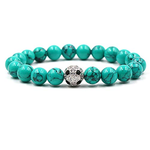 QYAQ Pulsera De Piedra para Mujer,7 Chakra Natural Azul Turquesa Piedra Pulsera De Cuentas Elástico Plata Fútbol Brazalete Moda Boho Yoga Dama Joyería Regalo para Novia Mamá