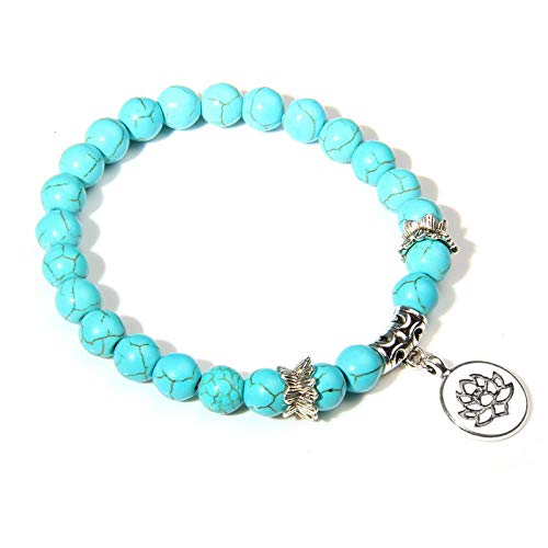 QYAQ Pulsera De Piedra para Mujer,Pulsera De Cuentas De Piedra Turquesa Azul Natural De 7 Chakras Brazalete De Elasticidad De Loto Plateado Estilo Boho Joyería De Mujer Regalo De Yoga para Novia Mamá