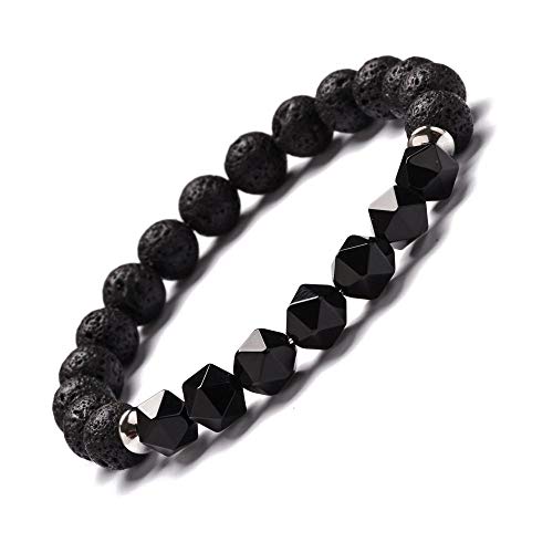 QYAQ Pulsera De Piedra para Mujer,Pulsera De Piedras Preciosas para Mujer Pulsera De Cuentas De Piedra De Lava Natural Elástica Irregular Brazalete De Piedra De Ónix Negro Joyería De Chakra Regalo De