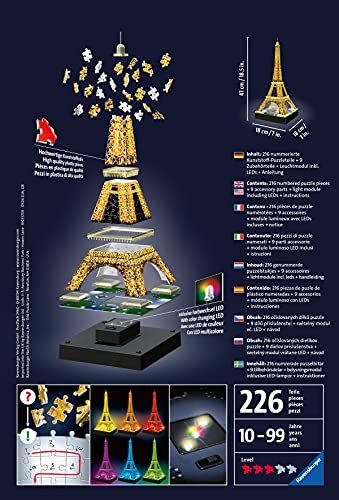 Ravensburger - Puzzle 3D, Torre Eiffel Edición Especial con LED, 216 piezas de puzle de plástico numeradas + 9 accesorios + módulo luminoso con LEDs + instrucciones - Dimensiones: 47 x 18 x 18 cm