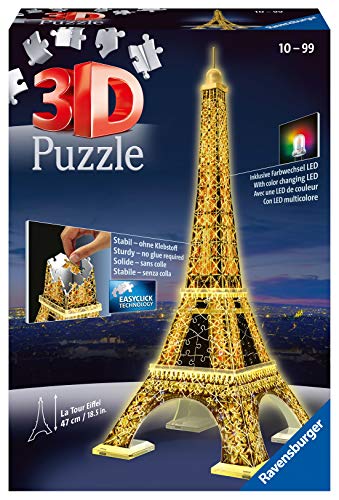 Ravensburger - Puzzle 3D, Torre Eiffel Edición Especial con LED, 216 piezas de puzle de plástico numeradas + 9 accesorios + módulo luminoso con LEDs + instrucciones - Dimensiones: 47 x 18 x 18 cm