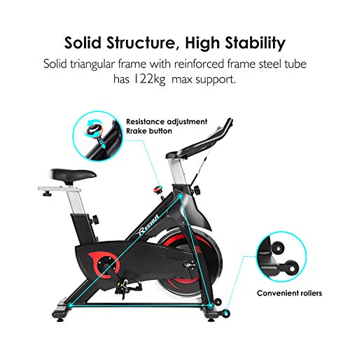 REEHUT Bicicleta Estática Bicicleta Spinning Interior 14 Kg Dinámica de Rueda Volante con Sólido Marco Triangular Amplio Asiento y LCD Pantalla Electrónica con Soporte para Teléfono Móvil…