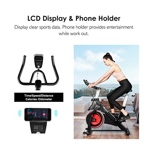 REEHUT Bicicleta Estática Bicicleta Spinning Interior 14 Kg Dinámica de Rueda Volante con Sólido Marco Triangular Amplio Asiento y LCD Pantalla Electrónica con Soporte para Teléfono Móvil…