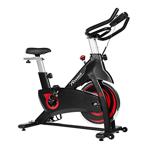 REEHUT Bicicleta Estática Bicicleta Spinning Interior 14 Kg Dinámica de Rueda Volante con Sólido Marco Triangular Amplio Asiento y LCD Pantalla Electrónica con Soporte para Teléfono Móvil…