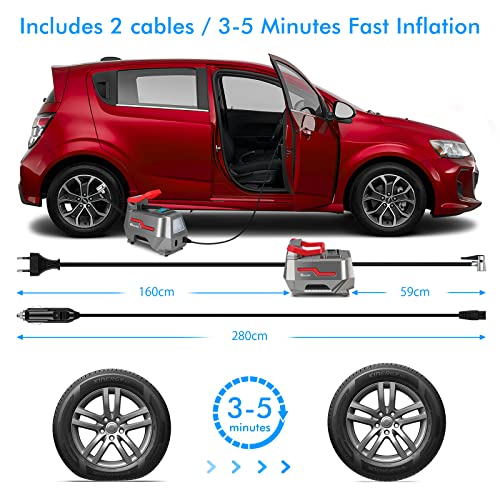 Reesibi 150PSI Compresor de Aire Portatil 220V y 12V Electricidad Dual, Compresor Bomba Inflador Electrico de Neumaticos para Coche Bici Moto y Otros Inflables, Incluye AC DC Cable, Rojo/Plata