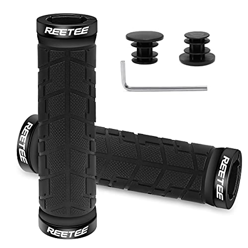 REETEE Puños Bicicleta Montaña Antideslizante Caucho Puños Manillar Bicicleta, Aluminio Doble Bloqueo de 22mm Mango para Bicicleta Puños MTB Ergonomicos para Bici Plegable, BMX,Scooter Puños (negro)