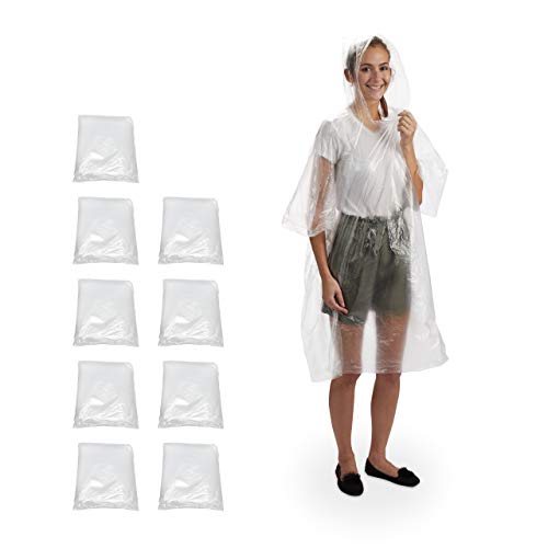 Relaxdays 10 Chubasqueros, Capa Lluvia Capucha, Poncho Impermeable Desechable, Hombre y Mujer, PE, Transparente, 1 Set