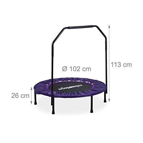 Relaxdays, Negro-Lila, Cama Elástica Plegable con Barra de Apoyo para Interior, hasta 120 kg, Metal-Nailon-Poliéster, 113 x 102 x 102 cm, Adultos Unisex