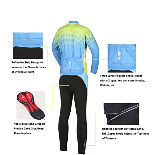 Relaxyee Ropa Ciclismo Hombre de Invierno, Ciclismo Maillot Hombres con 4D Acolchado de Gel, Cálido y Transpirable, Cómodo de Llevar (Verde y Azul, M)