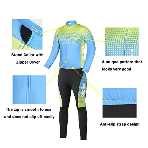 Relaxyee Ropa Ciclismo Hombre de Invierno, Ciclismo Maillot Hombres con 4D Acolchado de Gel, Cálido y Transpirable, Cómodo de Llevar (Verde y Azul, Small)